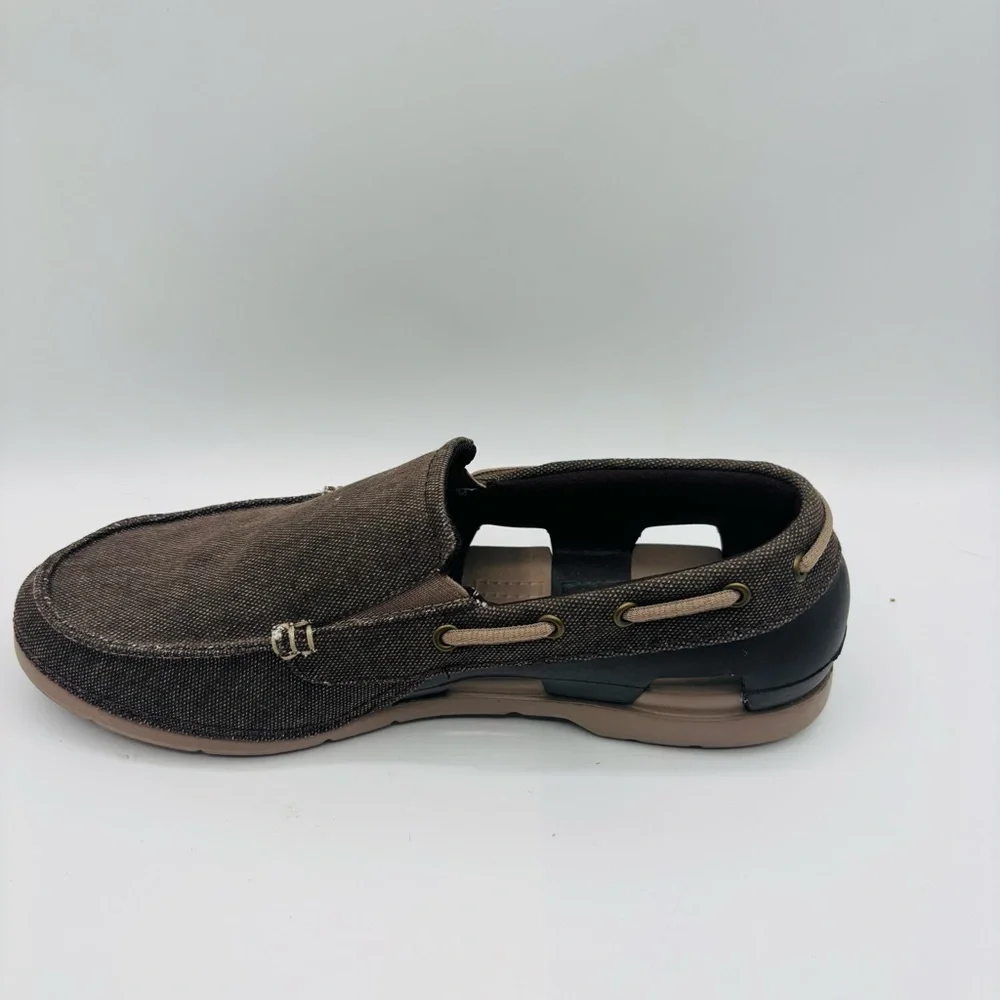 CROCS Men's Brown Canvas Slip-On Boat Shoe with Tan Accents